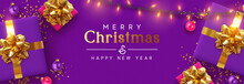 Holiday Banner Merry Christmas And Happy New Year. Xmas Design With Realistic Festive Objects, Purple Gift Box, Lilac Ball, Light Lamps Garland, Glitter Gold Confetti. Horizontal Poster, Flat Top View