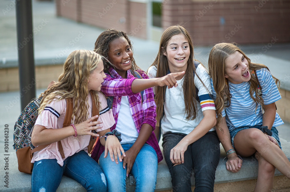 Candid photo of a group of teenage girls socializing, laughing and talking together at school. A multi-ethnic group of real junior high aged students - obrazy, fototapety, plakaty 
