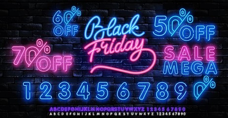 Black Friday Sale Neon Banner Vector. Black Friday neon sign. 50 0FF night neon signboard, night bright advertising, light banner, light art. Vector illustration