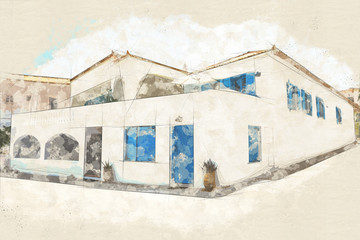 Wall Mural - Watercolor sketch or illustration of the small authentic streets of Spetses island, Greece