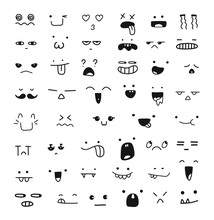 Collection Of Cute Emoticon Emoji. Doodle Cartoon Face, Smile, Happy, Sad, Shock, Bored, Sick, Vomit, Scream, Joy, Cry. Manga Cartoon Style. Vector File EPS10. People Face Cartoon Vector Icons