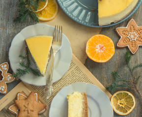 Christmas orange cheesecake with mascarpone. Festive Christmas cheesecake traditional winter cake recipe .