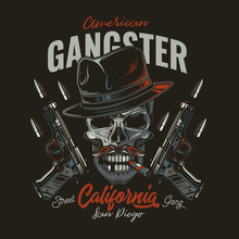 Original Vector Illustration In Retro Style. Angry Skull Bandit In Hat On Background Of Two Guns And Bullets. T-shirt Or Sticker Design.