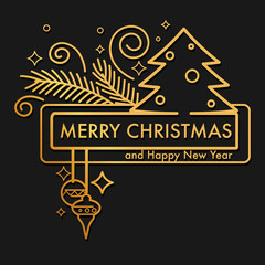 Wall Mural - Merry Christmas and Happy New Year gold on black card