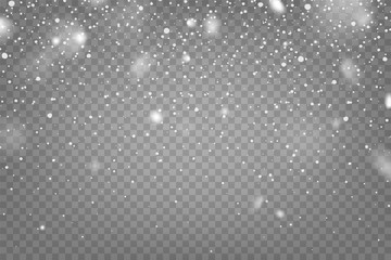 Aufkleber - Realistic falling snow with snowflakes and clouds. Winter transparent background for Christmas or New Year card. Frost storm effect, snowfall, ice. Vector illustration.