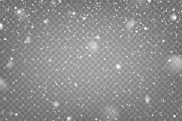 Aufkleber - Realistic falling snow with snowflakes and clouds. Winter transparent background for Christmas or New Year card. Frost storm effect, snowfall, ice. Vector illustration.