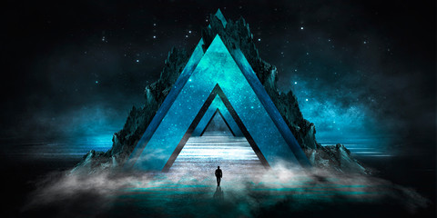 Wall Mural - modern futuristic neon abstract background. large object in the center, space background. dark scene