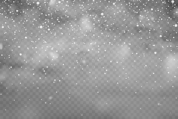 Realistic falling snow with snowflakes and clouds. Winter transparent background for Christmas or New Year card. Frost storm effect, snowfall, ice. Vector illustration.