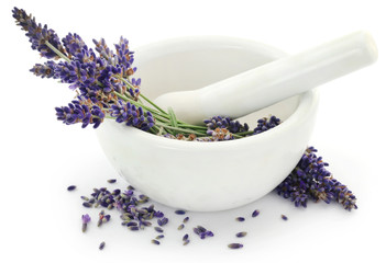 Canvas Print - Lavender flower in a mortar with pestle