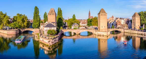 panoramic view of the ponts couverts on the river ill at the entrance of the petite france historic 