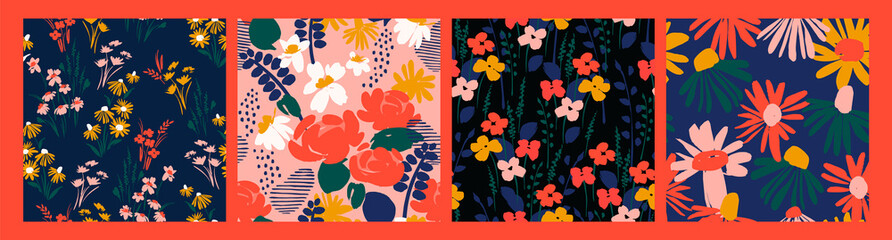 Floral abstract seamless patterns. Vector design for different surfases.