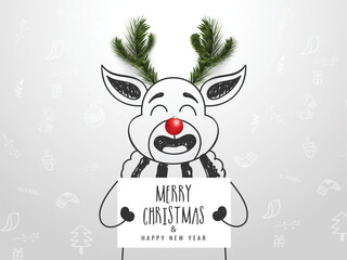 Sticker - Sketching cartoon character of reindeer holding message card of Merry Christmas & Happy New Year with pine leaves and festival element pattern on white background.