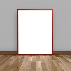 Wall Mural - empty red glowing frame for your artwork near the modern wall on parquet, 3D rendering