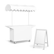 White POS POI Blank Empty Retail Stand Stall Mobile Bar Display With Roof, Canopy, Banner. Fast Food. On White Background Isolated. Mock Up Template Ready For Your Design. Product Packing Vector EPS10