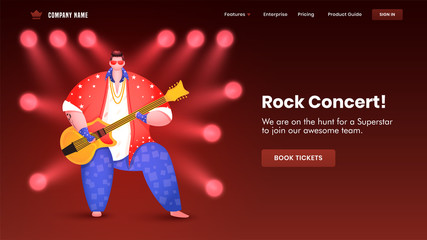 Wall Mural - Rock Concert landing page design with illustration of man playing guitar and spotlight focus on brown background.