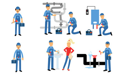 Plumbing Emergency Service Fixes Sink And Pipes, Installs Boilers Vector Illustration Set Isolated On White Background