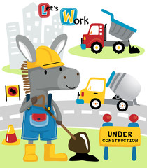 Wall Mural - Vector cartoon of Donkey the worker with construction vehicles