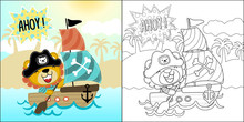 Vector Cartoon Of Cute Pirate On Sailboat, Coloring Book Or Page