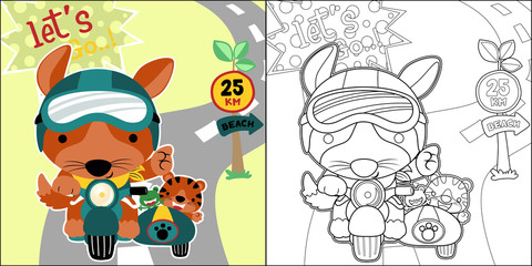 Wall Mural - vector cartoon of funny animals on motorcycle, fox with little friends. coloring book or page