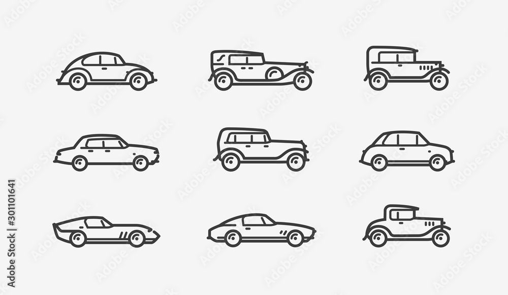 Retro car icon set. Transport, transportation symbol in linear style. Vector illustration - obrazy, fototapety, plakaty 