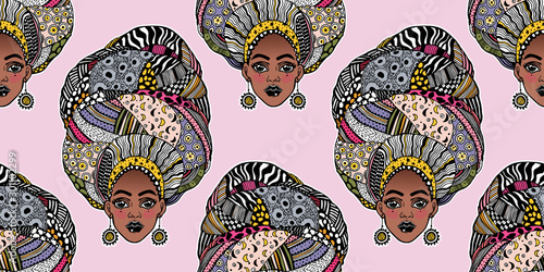 Fotografie, Obraz Seamless pattern with African woman in traditional geometric turban, head wrap