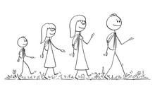 Vector Cartoon Stick Figure Drawing Conceptual Illustration Of Walking Family On Trip Or Adventure Of Man, Woman, Girl And Boy Or Father, Mother, Daughter And Son.