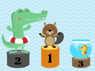 Wall Mural - Funny animals on ranking podium, swimmer animals championship on water ripples background