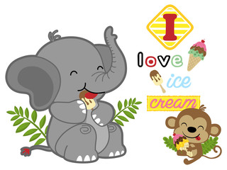 Wall Mural - vector cartoon of cute elephant with little monkey eat ice cream