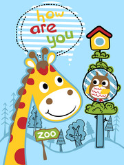 Wall Mural - vector cartoon of cute giraffe with cute owl on tree