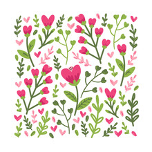 Cute Colorful Floral Collection With Hand Drawn Leaves And Flowers In Doodle Style, Can Be Used For Spring Or Summer Botanical Design For Invitation, Wedding Or Greeting Cards