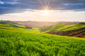 Amazing spring landscape with sun's rays touching the endless green rolling hills of Tuscany at sunrise