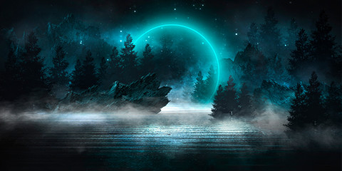 Wall Mural - futuristic night landscape with abstract landscape, dark forest, mountains, moonlight, shine. dark n