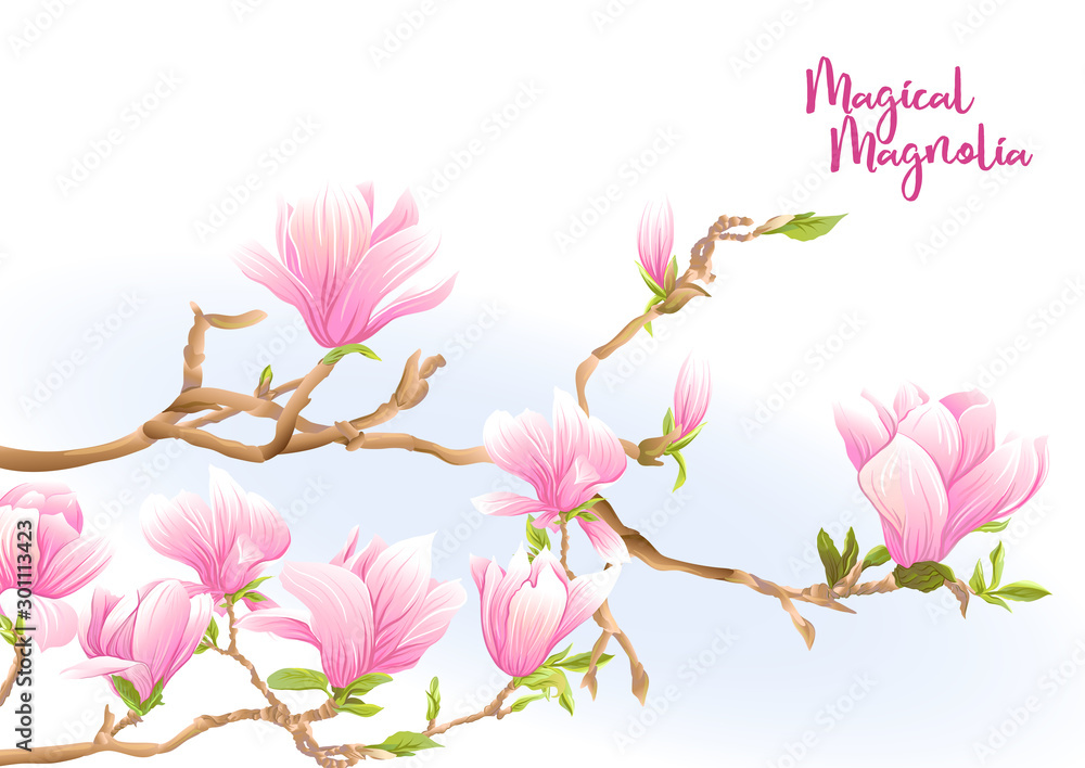 Magnolia tree branch with flowers. Template for wedding invitation ...