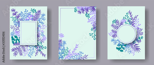 Botanical herb twigs, tree branches, leaves floral invitation cards templates...