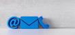 Blue contact icons leaning against a grey wall - communications symbols - 3D illustration
