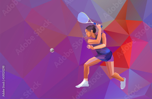 Plakaty squash  kobieta-gracz-w-squasha-wielokatne-geometryczne-wektor-ilustracja
