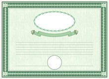 Sample Blank With Frame And Guilloche Grid In Green. Oval Pattern With Leaf And Ribbon