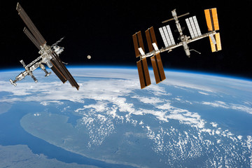 Wall Mural - space station. different spaceships above the earth. the elements of this image furnished by nasa.