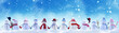 Leinwandbild Motiv Merry Christmas and happy New Year greeting card with copy-space.Many snowmen standing in winter Christmas landscape.Winter background