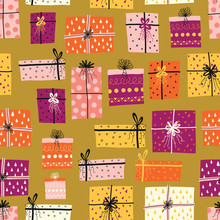 Gift Boxes Seamless Vector Background. Repeating Pattern With Colorful Wrapped Presents Gold Orange Yellow Pink Red Purple. Christmas Gift Box Design Scandinavian Style. Holiday Art For Fabric, Decor