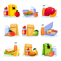 Kids school healthy lunch and snacks. Vector flat cartoon illustration. Lunchboxes with home made meal and drinks