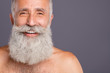 © deagreez - Close up cropped photo of cheerful positive well old man smiling toothily with teeth repaired just surrounded with white beard isolated naked over grey color background