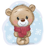Cartoon Teddy Bear in a knitted scarf on a blue background