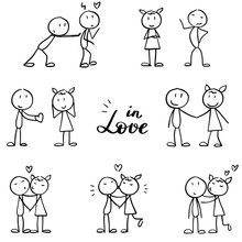 Stick Figures Set. Falling In Love And Loving Each Other, Kissing Couples. Stick Men Collection For Prints Or Presentation. Simple Hand Drawn Outline Characters In Black And White.