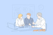© Dzianis Vasilyeu - Office meeting, business session, cooperation, teamwork concept. Planning work together, businesspeople, colleagues discussing question, coworkers making common decision. Simple flat vector