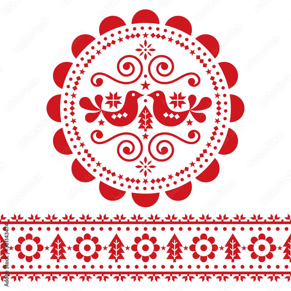 Christmas Scandinavian folk vector design pattern set - round and ...