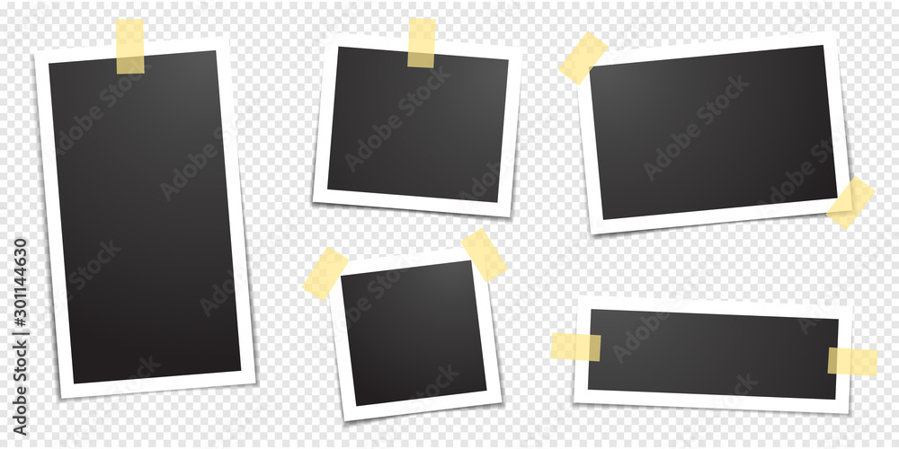 Polaroid photo frames fixed with adhesive tape on a transparent background. Photo frame on sticky tape, isolated. - obrazy, fototapety, plakaty 
