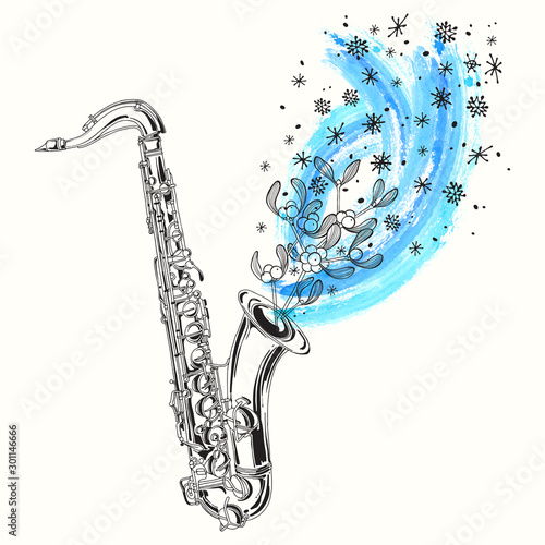 Fototapeta saksofon  muzyka-na-boze-narodzenie-ilustracja-wektorowa-z-tradycyjnymi-symbolami-bozego-narodzenia-grafika-liniowa-i