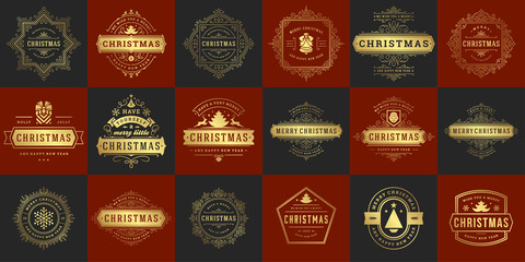 Wall Mural - Christmas vector typography ornate labels and badges, happy new year and winter holidays wishes for vector illustration