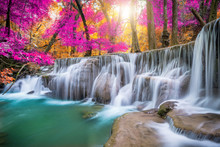 Amazing In Nature, Beautiful Waterfall At Colorful Autumn Forest In Fall Season